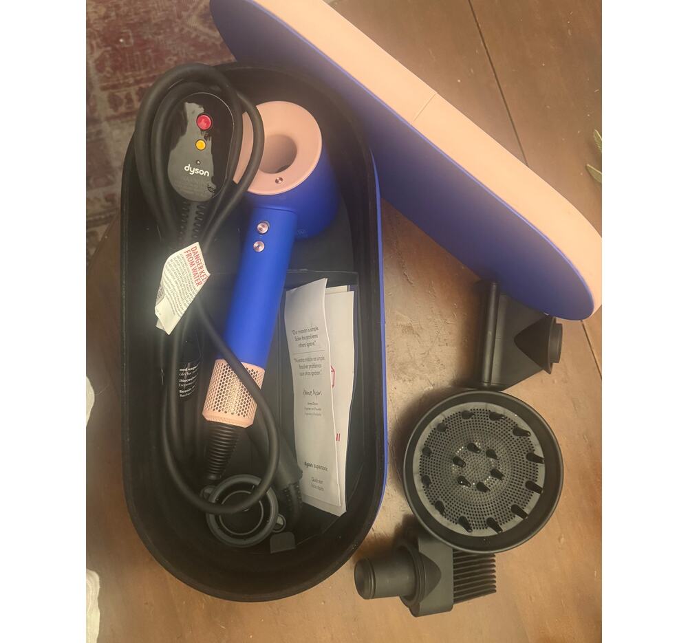 Dyson Supersonic Hair Dryer Blue Silver Pre-Owned Box Attachments Paperwork